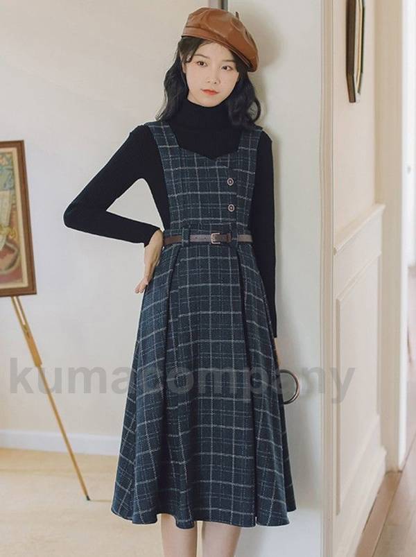 カ きれいめ ミモレ フレア ワンピース チェック ノースリーブ レディース ジャンパースカート