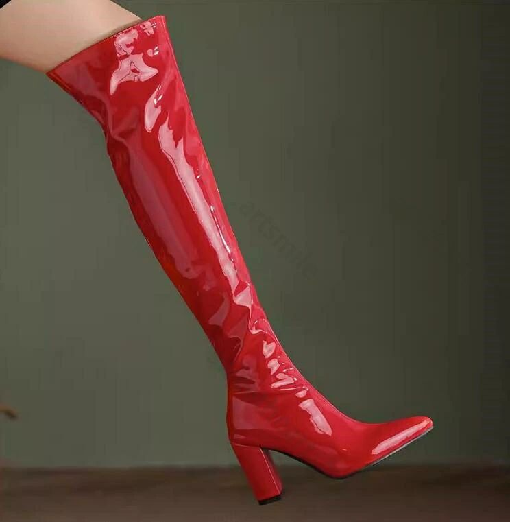 レディースブーツ　ニーハイブーツ　エナメル　8.5センチ　超ハイヒール　光沢　ロング丈　　秋冬　春..