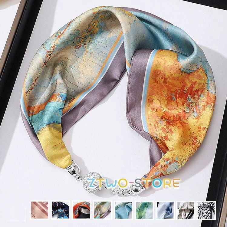 スカーフ マグネット式 ワンタッチ ネックレス風 レディース ラインストーン 花柄 チェック柄 おしゃれ エレガント 女性用