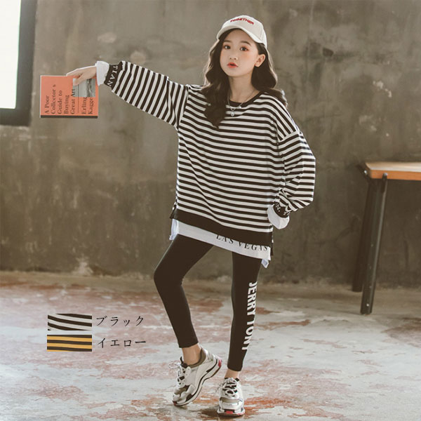 韓国子供服 女の子 Tシャツ スウェット 丸首 トップス 長袖 ストライプ柄 子ども服 キッズ スウェット ゆったり カジュアル ファッション 春着 秋着 普段着 通学着 ブラック イエロー 子供服 女の子 スウェット 120cm 130cm 140cm 150cm 160cm 170cm(4)