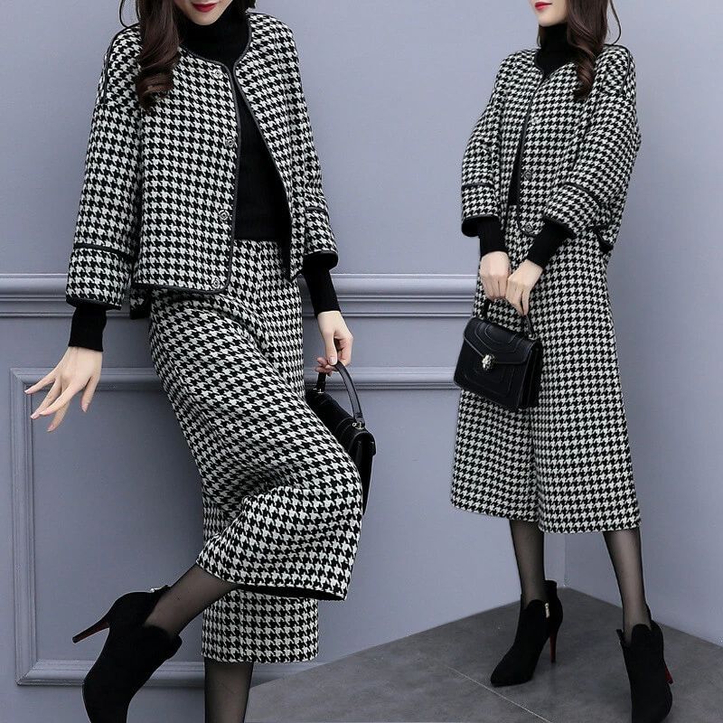 【送料無料】パンツスーツ 秋冬 千鳥格子柄 パンツドレス ジャケット パーティードレス セットアップ スーツ オールインワン ガウチョパンツ ガウチョ ワイドパンツ パンツ レディース 長袖 黒 大きいサイズ 着痩せ 結婚式 オフィス OL 通勤 大人 上品 夏用 きれいめ 涼しい