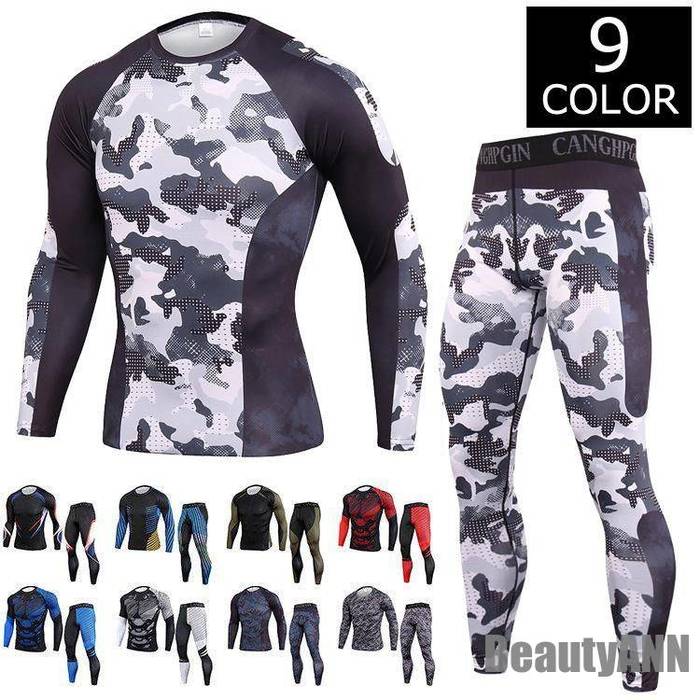 新生活 コンプレッションウェア 加圧Tシャツ タイツ ランニングウェア 上下セット メンズ 長袖 スポーツウェア 吸汗 速乾 保護