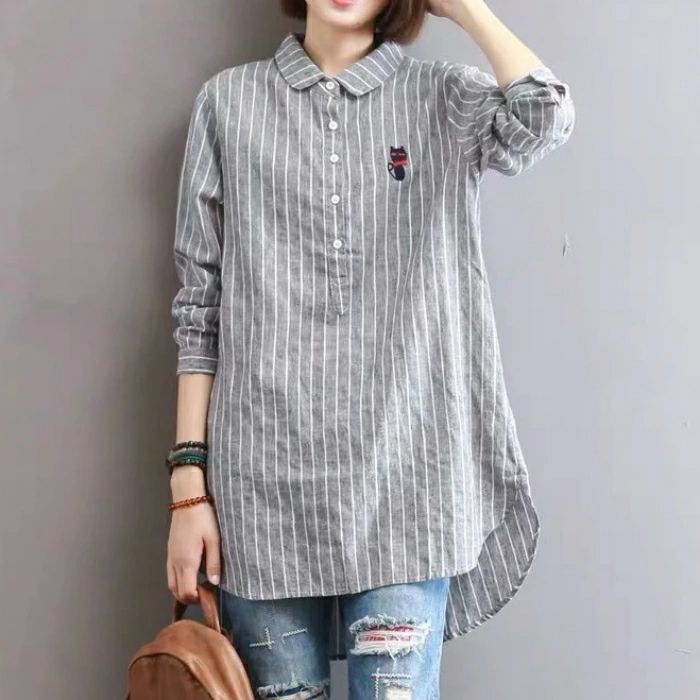 チュニック ロングシャツ 猫柄 シャツ レディース リネン チュニックシャツ 体型カバー 綿麻 トップス 着痩せ ネコ 刺? 春秋