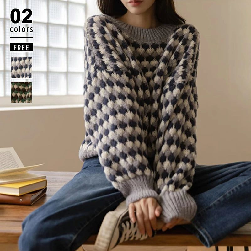 ニット セーター レディース ニットセーター レトロ 長袖 トップス ラウンドネック 柄 ゆったり 大きめ..