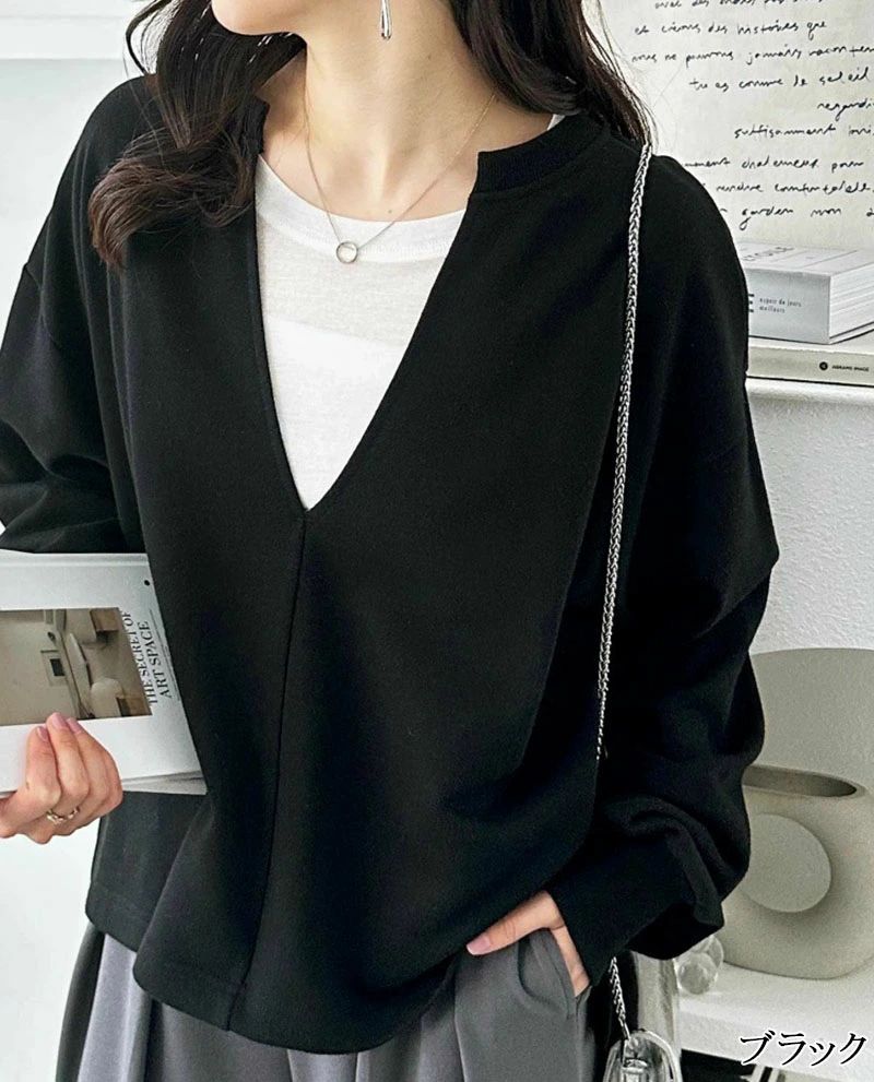 Kind Pickの深Vネックスウェットプルオーバー トップス レディース カットソー スウェット 長袖 オーバーサイズ ボリュームスリーブ ショー｜アングル3