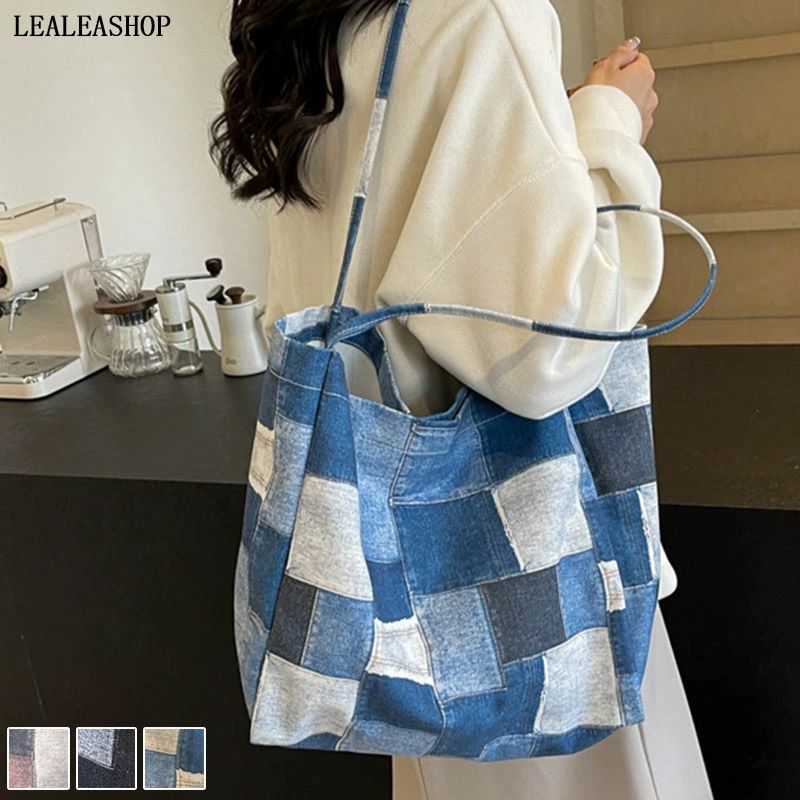デニム素材 タイル柄 ショルダーバッグ トートバッグ 大容量バック レディースファッション ゆったり 楽ちん コットン 綿 ふんわ(4)