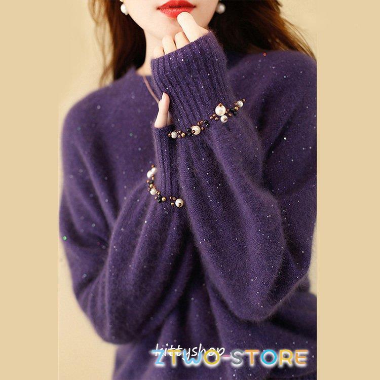 ニットセーター レディース パープル ブルー オシャレ セーター 30代 40代 スパンコール ビーズ キレイ..