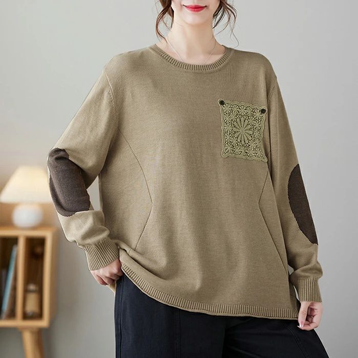 プルオーバー レディース 長袖 秋 冬 ニット カットソー tシャツ クルーネック 切り替え トップス ニットカットソー 刺繍レース