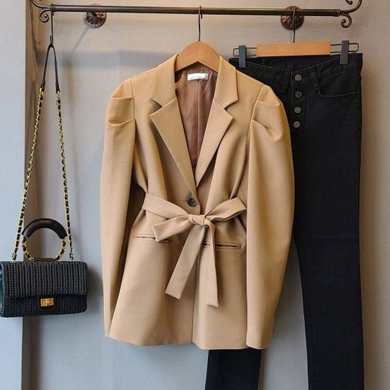 2color レディース アウター ジャケット テーラードジャケット ミドル丈 オープンカラー 開襟 ポケット ベルト 袖あり 長袖 パフ