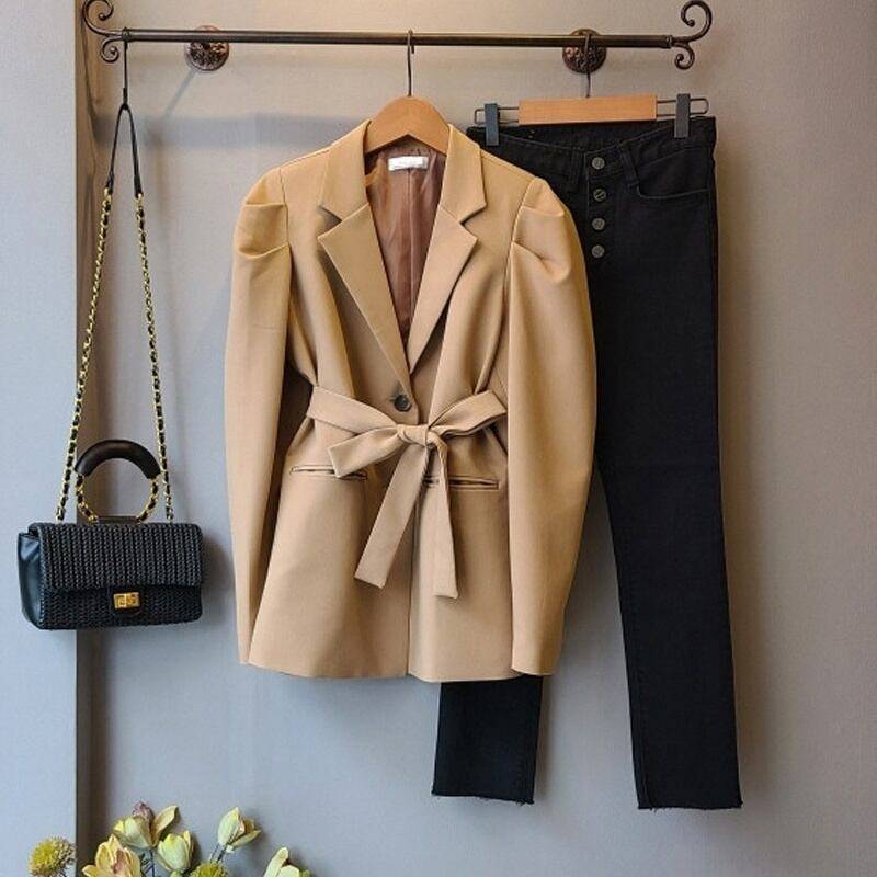 2color レディース アウター ジャケット テーラードジャケット ミドル丈 オープンカラー 開襟 ポケット ベルト 袖あり 長袖 パフ