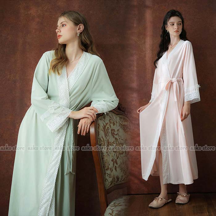 バスローブ レディース ルームウェア 秋 冬 パジャマ ロング丈 ワンピース 長袖 前開き レース 部屋着 ..