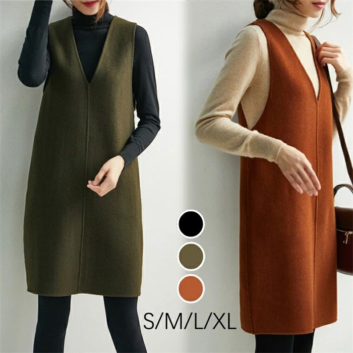 ジャンパースカート ツイード ワンピース ノースリーブ レディース Vネック ジャンスカ 膝丈 大人 サロペットスカート 春 秋 冬 上品 大きいサイズ 通勤 ゆったり 体型カバー レイヤード 重ね着 黒 カーキグリーン サロペット スカート 送料無料 20代 30代 40代 50代