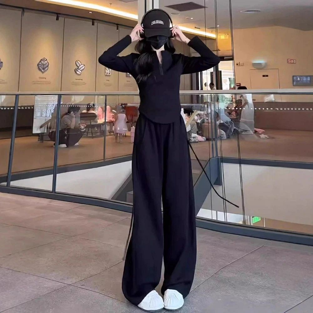秋冬 セットアップ レディース 黒 スポーツウェア スタイルアップ 抜け感ワイドパンツ