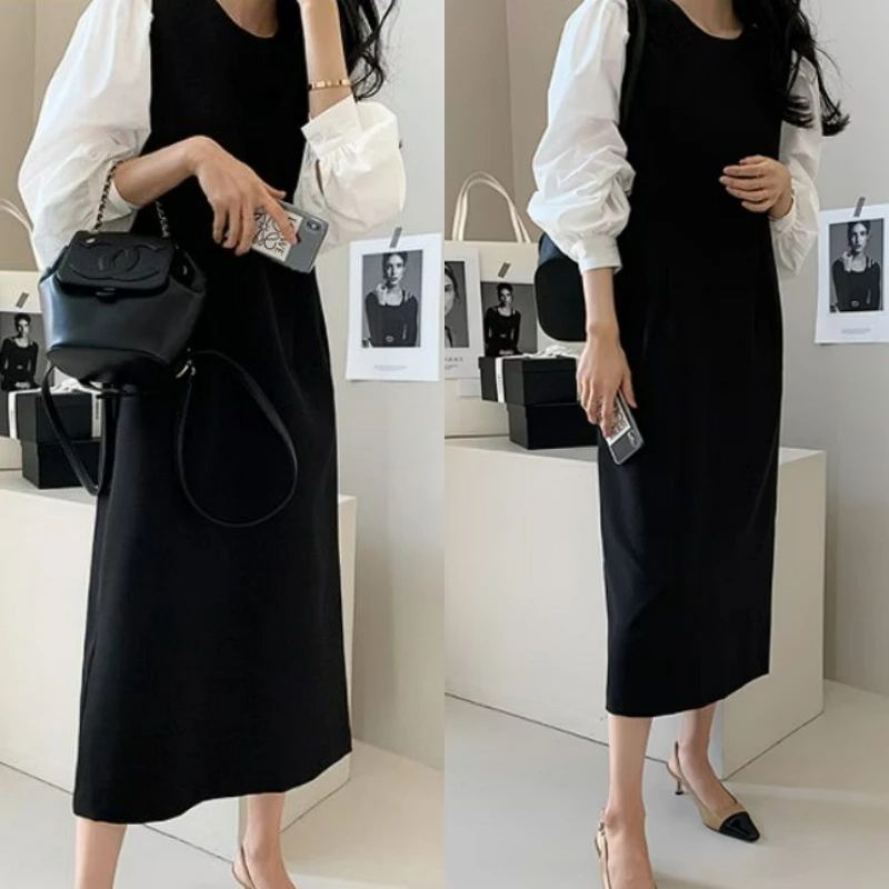 生地名: 布帛パターン: アルファベット/数字/文字クラフト: プリントスタイル: ヘッドセット組み合わせ形式: 偽2枚スカート長さ: ミドルドレススカートタイプ: a字スカート襟タイプ: 丸首袖タイプ: 飛袖袖長: 長袖ウエストタイプ: ...