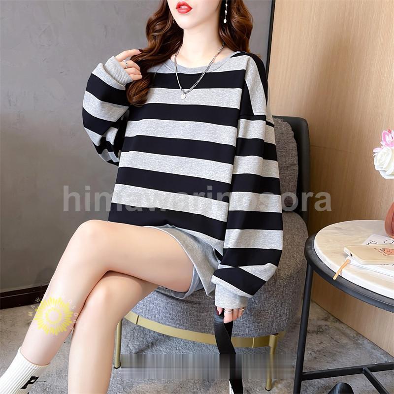 プルオーバー レディース トレーナー 長袖 トップス 秋 冬 体型カバー ボーダー柄 50代 40代 30代 20代..