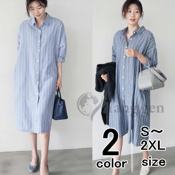 シャツワンピース ロング丈 ブラウス ロングシャツ ワンピース ストライプ サイドスリット 襟付き 長袖..