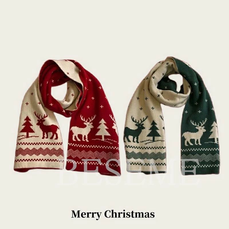 送料無料 クリスマス マフラー 鹿 チェック柄 クリスマスツリー レディース メンズ スカーフ 新年 レト..