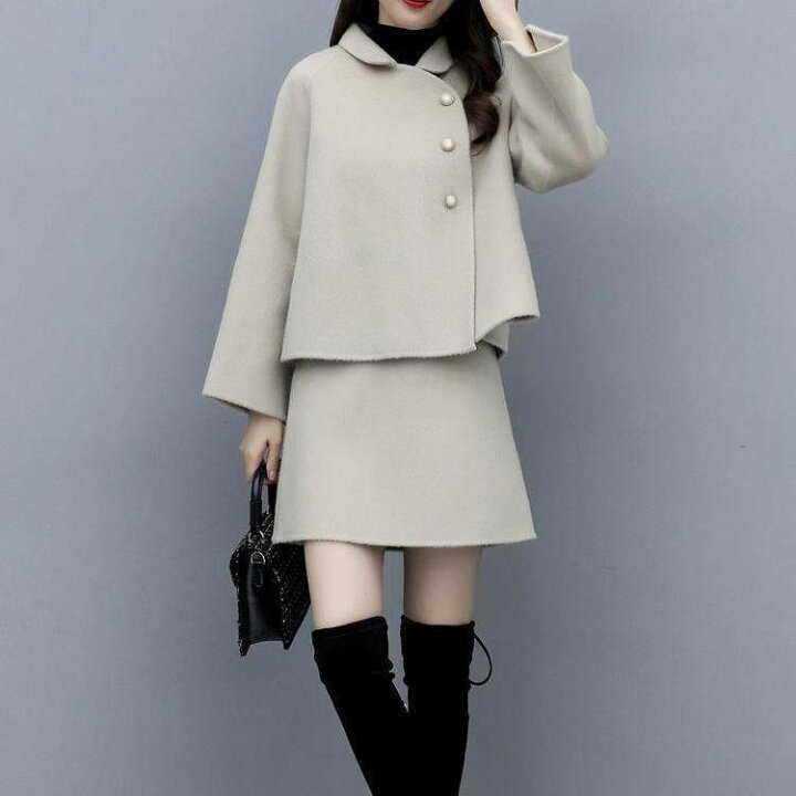 セットアップ レディース 秋冬 40代 チェスターコート ショット丈 ラシャタイトスカートセットアップ カジュアル 上品 アウター