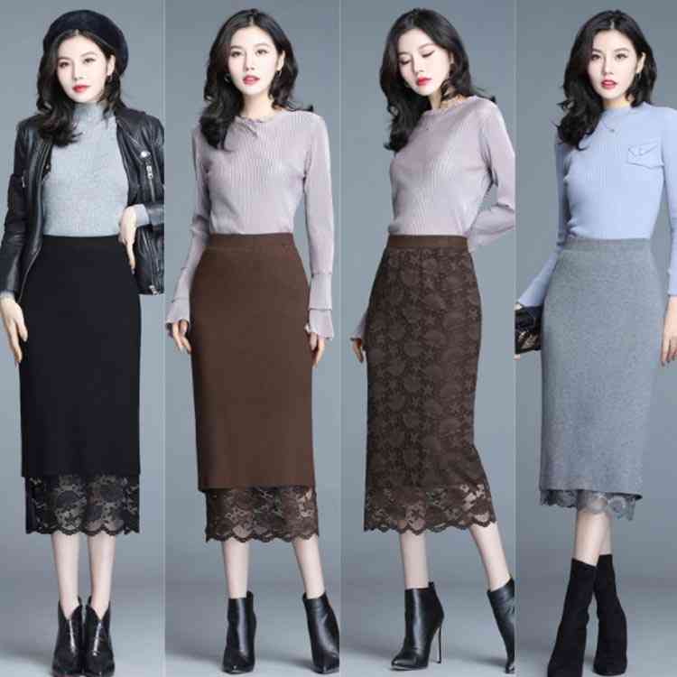 リバーシブル ニットスカート レーススカート ミモレスカート レディース タイトスカート ペンシルスカート 膝下 ミモレ丈 ロン