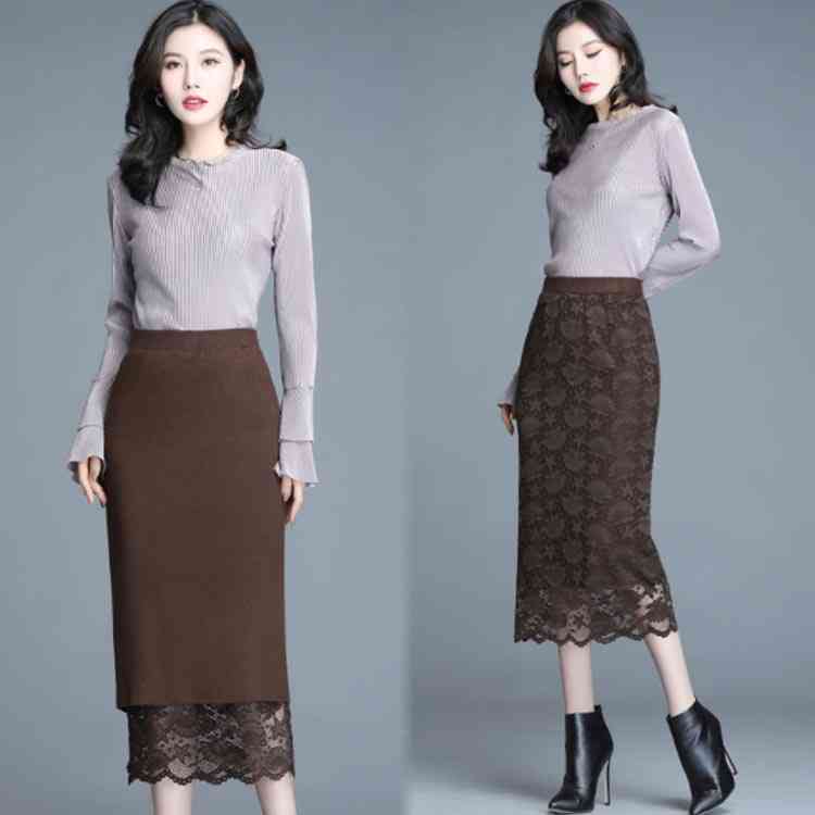 リバーシブル ニットスカート レーススカート ミモレスカート レディース タイトスカート ペンシルスカート 膝下 ミモレ丈 ロン