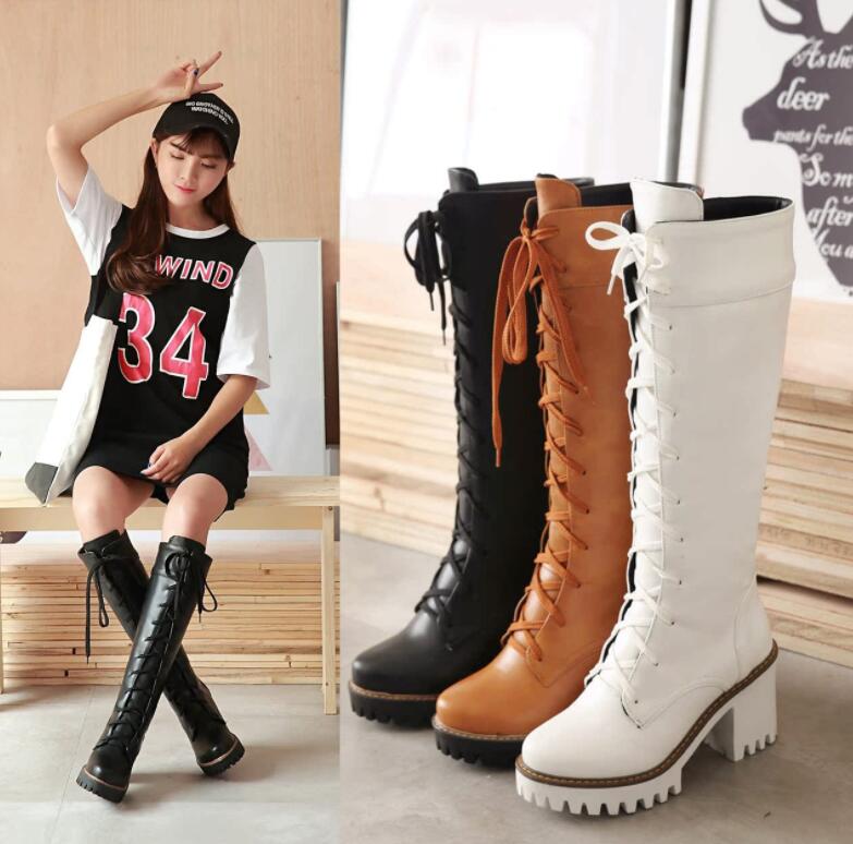 厚底ブーツ ロングブーツ レースアップブーツ 美脚 編み上げ ブーツ ゴスロリ コスプレ 太ヒール 黒 ブラック 靴 レディース 合