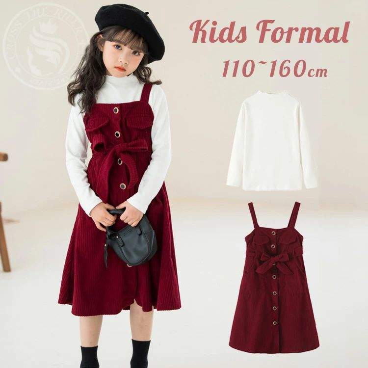 フォ 重ね着風 赤 長袖トップス 膝丈 サロペットスカート 入学式 韓国 ピアノ発表会 女の子 スーツ 卒業式 女子 小学校 式 卒業