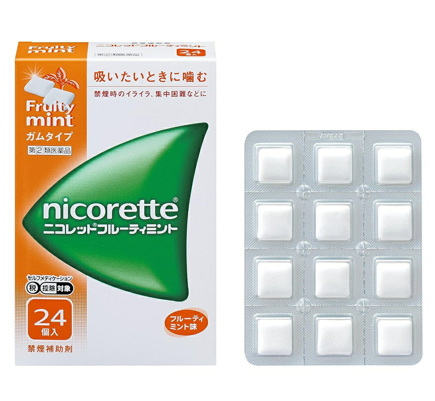 ■ご注意：指定第2類医薬品をご購入の方へ 本品は指定第2類医薬品です。使用上の注意（禁忌）を必ずご確認ください。 ご不明な点がありましたら当店の薬剤師、または登録販売者までご相談ください。 商品名 ニコレット　フルーティミント 内容量 24個 商品説明 ●ニコレットフルーティミントはタバコをやめたいと望む人のための医薬品で、禁煙時のイライラ・集中困難などの症状を緩和します。(タバコをきらいにさせる作用はありません) ●使用期間は3ヵ月をめどとし、使用量を徐々に減らすことで、あなたを無理のない禁煙へ導きます。 ●タバコを吸わない人や現在吸っていない人は、身体に好ましくない作用を及ぼしますので使用しないでください。 ●シュガーレスコーティングで、かみやすいニコチンガム製剤です。 効能・効果 禁煙時のイライラ・集中困難・落ち着かないなどの症状の緩和 用法・用量 タバコを吸いたいと思ったとき、1回1個をゆっくりと間をおきながら、30～60分間かけてかむ。1日の使用個数は表を目安とし、通常、1日4～12個から始めて適宜増減するが、1日の総使用個数は24個を超えないこと。禁煙になれてきたら（1ヵ月前後）、1週間ごとに1日の使用個数を1～2個ずつ減らし、1日の使用個数が1～2個となった段階で使用をやめる。なお、使用期間は3ヵ月をめどとする。 ●1日の使用量目安(1回1個、1日24個まで) 禁煙前の1日喫煙本数：1日のニコレット 20本以下： 4〜6個 21〜30本： 6〜9個 31本以上： 9〜12個 用法・用量に関連する注意 ・タバコを吸うのを完全に止めて使用すること。 ・1回に2個以上かまないこと（ニコチンが過量摂取され、吐き気、めまい、腹痛などの症状があらわれることがある。）。 ・辛みや刺激感を感じたらかむのを止めて、ほほの内側などに寄せて休ませること。 ・本剤はガム製剤であるので飲み込まないこと。また、本剤が入れ歯などに付着し、脱落・損傷を起こすことがあるので、入れ歯などの歯科的治療を受けたことのある人は、使用に際して注意すること。 ・コーヒーや炭酸飲料などを飲んだ後、しばらくは本剤を使用しないこと（本剤の十分な効果が得られないことがある。）。 ・口内に使用する吸入剤やスプレー剤とは同時に使用しないこと（口内・のどの刺激感、のどの痛みなどの症状を悪化させることがある。）。 成分・分量 1個中、次の成分を含有する。 ニコチン　2mg 添加物として、イオン交換樹脂、キシリトール、アセスルファムカリウム、炭酸水素ナトリウム、炭酸ナトリウム、酸化マグネシウム、タルク、ハッカ油、ℓ-メントール、アラビアゴム末、酸化チタン、カルナウバロウ、炭酸カルシウム、ジブチルヒドロキシトルエン、ヒプロメロース、スクラロース、ポリソルベート80、香料、その他9成分を含有します。 使用上の注意 してはいけないこと (守らないと現在の症状が悪化したり、副作用が起こりやすくなる) 1.次の人は使用しないこと (1)非喫煙者〔タバコを吸ったことのない人及び現在タバコを吸っていない人〕(吐き気、めまい、腹痛などの症状があらわれることがある。) (2)すでに他のニコチン製剤を使用している人 (3)妊婦又は妊娠していると思われる人 (4)重い心臓病を有する人 1)3ヵ月以内に心筋梗塞の発作を起こした人 2)重い狭心症と医師に診断された人 3)重い不整脈と医師に診断された人 (5)急性期脳血管障害(脳梗塞、脳出血等)と医師に診断された人 (6)うつ病と医師に診断された人 (7)本剤又は本剤の成分によりアレルギー症状(発疹・発赤、かゆみ、浮腫等)を起こしたことがある人 (8)あごの関節に障害がある人 2.授乳中の人は本剤を使用しないか、本剤を使用する場合は授乳を避けること (母乳中に移行し、乳児の脈が速まることが考えられる。) 3.本剤を使用中あるいは使用直後に次のことをしないこと (1)喫煙 (2)ニコチンパッチ製剤の使用 4.6ヵ月を超えて使用しないこと 相談すること 1.次の人は使用前に医師、歯科医師、薬剤師又は登録販売者に相談すること (1)医師又は歯科医師の治療を受けている人 (2)他の薬を使用している人 (他の薬の作用に影響を与えることがある。) (3)高齢者及び20歳未満の人 (4)薬などによりアレルギー症状を起こしたことがある人 (5)次の症状のある人 腹痛、胸痛、口内炎、のどの痛み・のどのはれ (6)次の診断を受けた人 心臓疾患(心筋梗塞、狭心症、不整脈)、脳血管障害(脳梗塞、脳出血等)、バージャー病(末梢血管障害)、高血圧、甲状腺機能障害、褐色細胞腫又はパラガングリオーマ、糖尿病(インスリン製剤を使用している人)、咽頭炎、食道炎、胃・十二指腸潰瘍、肝臓病、腎臓病(症状を悪化させたり、現在使用中の薬の作用に影響を与えることがある。)、てんかん 2.使用後、次の症状があらわれた場合は副作用の可能性があるので、直ちに使用を中止し、添付文書を持って医師、薬剤師又は登録販売者に相談すること [関係部位：症状] 口・のど：口内炎、のどの痛み 消化器：吐き気・嘔吐、腹部不快感、胸やけ、食欲不振、下痢 皮膚：発疹・発赤、かゆみ 精神神経系：頭痛、めまい、思考減退、眠気 循環器：動悸 その他：胸部不快感、胸部刺激感、顔面潮紅、顔面浮腫、気分不良 3.使用後、次のような症状があらわれることがあるので、このような症状の持続又は増強が見られた場合には、使用を中止し、添付文書を持って医師、歯科医師、薬剤師又は登録販売者に相談すること (1)口内・のどの刺激感、舌の荒れ、味の異常感、唾液増加、歯肉炎 (ゆっくりかむとこれらの症状は軽くなることがある。) (2)あごの痛み (他に原因がある可能性がある。) (3)しゃっくり、げっぷ 4.誤って定められた用量を超えて使用したり、小児が誤飲した場合には、次のような症状があらわれることがあるので、その場合には、添付文書を持って直ちに医師、薬剤師又は登録販売者に相談すること 吐き気、唾液増加、腹痛、下痢、発汗、頭痛、めまい、聴覚障害、全身脱力(急性ニコチン中毒の可能性がある。) 5.3ヵ月を超えて継続する場合は、添付文書を持って医師、薬剤師又は登録販売者に相談すること (長期・多量使用によりニコチン依存が本剤に引き継がれることがある。) 発売元・メーカー JNTLコンシューマーヘルス株式会社 東京都渋谷区広尾1-1-39 お客様相談室 0120-101110 受付時間：9：00～17：00(土・日・祝日を除く) 区分・原産国 第(2)類医薬品・日本 広告文責 株式会社ライズコーポレーション TEL:03-5542-1285
