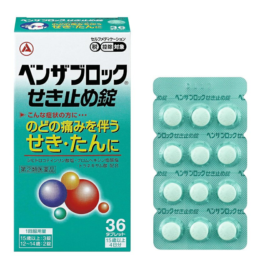 ■ご注意：指定第2類医薬品をご購入の方へ 本品は指定第2類医薬品です。使用上の注意（禁忌）を必ずご確認ください。 ご不明な点がありましたら当店の薬剤師、または登録販売者までご相談ください。 商品名 ベンザブロックせき止め錠 内容量 36錠 商品説明 のどの痛みを伴う せき・たんによく効く、錠剤タイプの鎮咳去痰薬 ●ジヒドロコデインリン酸塩、ブロムヘキシン塩酸塩などの鎮咳去たん成分に加えて、痛み・ハレを抑えるトラネキサム酸を配合。のどの痛みを伴うせき・たんによく効きます。 ●淡緑色の円形のフィルムコーティング錠で、メントールの香りがし、すっきりとした服用感です。 効果・効能 のどの痛みを伴う せき・たん 用法・用量 次の量を、食後なるベく30分以内に、水またはお湯で、かまずに服用すること。 (年齢：1回量：1日服用回数) 15歳以上：3錠：3回 12歳〜14歳：2錠：3回 12歳未満：服用しないこと 成分・分量 9錠（15歳以上の1日服用量）中 ジヒドロコデインリン酸塩：30mg dl-メチルエフェドリン塩酸塩：75mg ノスカピン：60mg ブロムヘキシン塩酸塩：12mg トラネキサム酸：420mg 添加物：乳糖水和物、セルロース、ヒドロキシプロピルセルロース、ステアリン酸Mg、ヒプロメロース、マクロゴール、酸化チタン、銅クロロフィリンNa、カルナウバロウ、ハッカ油 使用上の注意 してはいけないこと 1．本剤を服用している間は、次のいずれの医薬品も使用しないこと 他の鎮咳去たん薬、かぜ薬、抗ヒスタミン剤を含有する内服薬等（鼻炎用内服薬、乗り物酔い用薬、アレルギー用薬、催眠鎮静薬等）、鎮静薬、トラネキサム酸を含有する内服薬 2．服用後、乗り物または機械類の運転操作をしないこと （眠気等があらわれることがある。） 3．授乳中の人は本剤を服用しないか、本剤を服用する場合は授乳を避けること 4．過量服用・長期連用しないこと 5．12歳未満の小児は服用しないこと 相談すること 1．次の人は服用前に医師、薬剤師または登録販売者に相談すること (1)医師または歯科医師の治療を受けている人。 (2)妊婦または妊娠していると思われる人。 (3)高齢者。 (4)薬などによりアレルギー症状を起こしたことがある人。 (5)次の症状のある人。 高熱 (6)次の診断を受けた人。 心臓病、高血圧、糖尿病、腎臓病、甲状腺機能障害、血栓のある人（脳血栓、心筋梗塞、血栓性静脈炎）、血栓症を起こすおそれのある人 2．次の場合は，直ちに服用を中止し，医師・薬剤師または登録販売者に相談すること (1)服用後，次の症状があらわれた場合 ［関係部位：症状］ 皮膚：発疹・発赤、かゆみ 消化器：吐き気・嘔吐、食欲不振、胸やけ 精神神経系：めまい、頭痛 呼吸器：血たん まれに下記の重篤な症状が起こることがある。 ショック（アナフィラキシ—）：服用後すぐに、皮膚のかゆみ、じんましん、声のかすれ、くしゃみ、のどのかゆみ、息苦しさ、動悸、意識の混濁等があらわれる。 3． 服用後、次の症状があらわれることがあるので、このような症状の持続または増強が見られた場合には、服用を中止し、医師、薬剤師または登録販売者に相談すること 便秘、下痢、眠気 4． 5〜6回服用しても症状がよくならない場合 保管及び取扱上の注意 (1)直射日光の当たらない涼しい所に保管すること。 (2)小児の手の届かない所に保管すること。 (3)他の容器に入れ替えないこと（誤用の原因になったり品質が変わる）。 (4)使用期限を過ぎた製品は服用しないこと。 発売元・メーカー アリナミン製薬株式会社 〒541-0045　大阪市中央区道修町四丁目1番1号 「お客様相談室」 フリーダイヤル：0120-567-087 受付時間：9：00-17：00(土、日、祝日を除く) 区分・原産国 第(2)類医薬品・日本 広告文責 株式会社ライズコーポレーション TEL:03-5542-1285