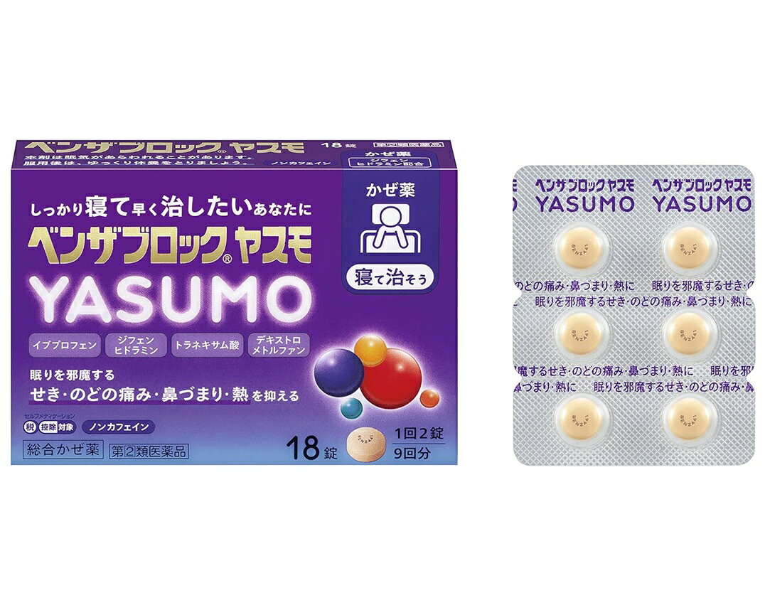 ■ご注意：指定第2類医薬品をご購入の方へ 本品は指定第2類医薬品です。使用上の注意（禁忌）を必ずご確認ください。 ご不明な点がありましたら当店の薬剤師、または登録販売者までご相談ください。 商品名 ベンザブロックヤスモ　YASUMO 内容量 18錠 商品説明 寝るときにつらいせき・のどの痛み・鼻づまり・熱によく効くかぜ薬 ●7種の成分を配合し、眠りを邪魔するかぜのいろいろな症状を抑えます。 ●イブプロフェンの解熱鎮痛作用により、のどの痛み・発熱などを緩和します。 ●トラネキサム酸が粘膜の炎症を抑え、のどの痛みを緩和します。 ●ジフェンヒドラミン塩酸塩が抗ヒスタミン作用により、鼻水・鼻づまりを緩和します。 ●デキストロメトルファン臭化水素酸塩水和物、dl-メチルエフェドリン塩酸塩がせきを緩和します。 ●お休み前にのんでも睡眠を妨げないよう、カフェインは配合していません。 効果・効能 かぜの諸症状(せき、のどの痛み、鼻づまり、鼻水、発熱、くしゃみ、たん、悪寒(発熱に よるさむけ)、頭痛、関節の痛み、筋肉の痛み)の緩和 用法・用量 次の量を、食後なるべく30分以内に、水またはお湯で、かまずに服用すること。 [年齢：1回量：1日服用回数] 15歳以上：2錠：3回 15歳未満服用しないこと 成分・分量 6錠(1日服用量)中 イブプロフェン：450mg トラネキサム酸：420mg ジフェンヒドラミン塩酸塩：75mg デキストロメトルファン臭化水素酸塩水和物：48mg グアイフェネシン：250mg dl-メチルエフェドリン塩酸塩：60mg ビタミンリボフラビン(ビタミンB2)：12mg 添加物：セルロース、クロスカルメロースNa、ポリビニルアルコール(部分けん化物)、ヒドロキシプロピルセルロース、無水ケイ酸、ステアリン酸Mg、エリスリトール、酸化チタン、タルク、三二酸化鉄 使用上の注意 してはいけないこと (守らないと現在の症状が悪化したり、副作用・事故が起こりやすくなる) 1.次の人は服用しないこと (1)本剤または本剤の成分によりアレルギー症状を起こしたことがある人。 (2)本剤または他のかぜ薬、解熱鎮痛薬を服用してぜんそくを起こしたことがある人。 (3)15歳未満の小児。 (4)出産予定日12週以内の妊婦。 2.本剤を服用している間は、次のいずれの医薬品も使用しないこと 他のかぜ薬、解熱鎮痛薬、鎮静薬、鎮咳去痰薬、抗ヒスタミン剤を含有する内服薬等(鼻炎用内服薬、乗物酔い薬、アレルギー用薬、催眠鎮静薬等)、トラネキサム酸を含有する内服薬 3.服用後、乗物または機械類の運転操作をしないこと (眠気等があらわれることがある。) 4.授乳中の人は本剤を服用しないか、本剤を服用する場合は授乳を避けること 5.服用前後は飲酒しないこと 6.5日間を超えて服用しないこと 相談すること 1.次の人は服用前に医師、薬剤師または登録販売者に相談すること (1)医師または歯科医師の治療を受けている人。 (2)妊婦または妊娠していると思われる人。 (3)高齢者。 (4)薬などによりアレルギー症状を起こしたことがある人。 (5)次の症状のある人。 高熱、排尿困難 (6)次の診断を受けた人。 甲状腺機能障害、糖尿病、心臓病、高血圧、肝臓病、腎臓病、緑内障、全身性エリテマトーデス、混合性結合組織病、血栓のある人(脳血栓、心筋梗塞、血栓性静脈炎)、血栓症を起こすおそれのある人 (7)次の病気にかかったことのある人。 胃・十二指腸潰瘍、潰瘍性大腸炎、クローン病 2.服用後、次の症状があらわれた場合は副作用の可能性があるので、直ちに服用を中止し、この文書を持って医師、薬剤師または登録販売者に相談すること [関係部位：症状] 皮膚：発疹・発赤、かゆみ、青あざができる 消化器：吐き気・嘔吐、食欲不振、胃部不快感、胃痛、口内炎、胸やけ、胃もたれ、胃腸出血、腹痛、下痢、血便 精神神経系：めまい 循環器：動悸 呼吸器：息切れ、息苦しさ 泌尿器：排尿困難 その他：目のかすみ、耳なり、むくみ、鼻血、歯ぐきの出血、出血が止まりにくい、出血、背中の痛み、過度の体温低下、からだがだるい まれに下記の重篤な症状が起こることがある。その場合は直ちに医師の診療を受けること。 [症状の名称] ショック(アナフィラキシー)／皮膚粘膜眼症候群(スティーブンス・ジョンソン症候群)、中毒性表皮壊死融解症／肝機能障害／腎障害／無菌性髄膜炎／間質性肺炎／ぜんそく／再生不良性貧血／無顆粒球症 ※症状の詳細は添付文書(説明書)を参照してください。 3.服用後、次の症状があらわれることがあるので、このような症状の持続または増強が見られた場合には、服用を中止し、この文書を持って医師、薬剤師または登録販売者に相談すること 便秘、口のかわき、眠気 4.5〜6回服用しても症状がよくならない場合(特に熱が3日以上続いたり、また熱が反復したりするとき)は服用を中止し、この文書を持って医師、薬剤師または登録販売者に相談すること 保管及び取扱上の注意 (1)直射日光の当たらない湿気の少ない涼しい所に箱に入れて保管すること。 (2)小児の手の届かない所に保管すること。 (3)他の容器に入れ替えないこと(誤用の原因になったり品質が変わる)。 (4)使用期限を過ぎた製品は服用しないこと。 (5)箱の「開封年月日」記入欄に、内袋(アルミの袋)を開封した日付を記入すること。 (6)一度内袋(アルミの袋)を開封した後は、品質保持の点から開封日より6ヵ月以内を 目安になるべくすみやかに服用すること。 発売元・メーカー アリナミン製薬株式会社 〒541-0045　大阪市中央区道修町四丁目1番1号 「お客様相談室」 フリーダイヤル：0120-567-087 受付時間：9：00-17：00(土、日、祝日を除く) 区分・原産国 第(2)類医薬品・日本 広告文責 株式会社ライズコーポレーション TEL:03-5542-1285