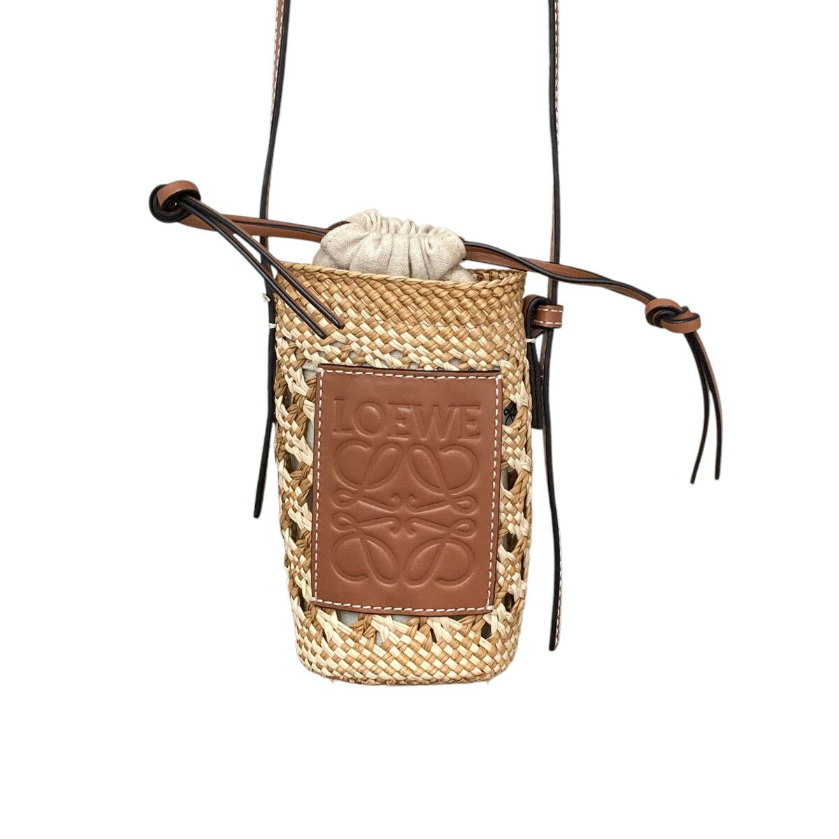 【中古】LOEWE シリンダーポケット ラフィア アナグラム ショルダーバッグ ブラウン 【270425】(ロエベ)