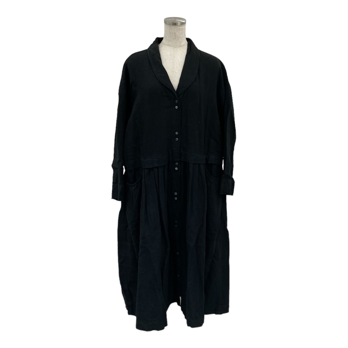 【中古】nest Robe 23SS ブラックリネンショールカラーワンピース ブラック サイズ:F 【110525】(ネストローブ)