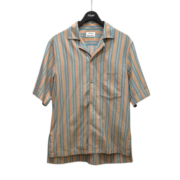 【中古】ACNE STUDIOS　オープンカラーストライプ半袖シャツ ベージュxブルー サイズ：46 【160525】（アクネストゥディオズ）