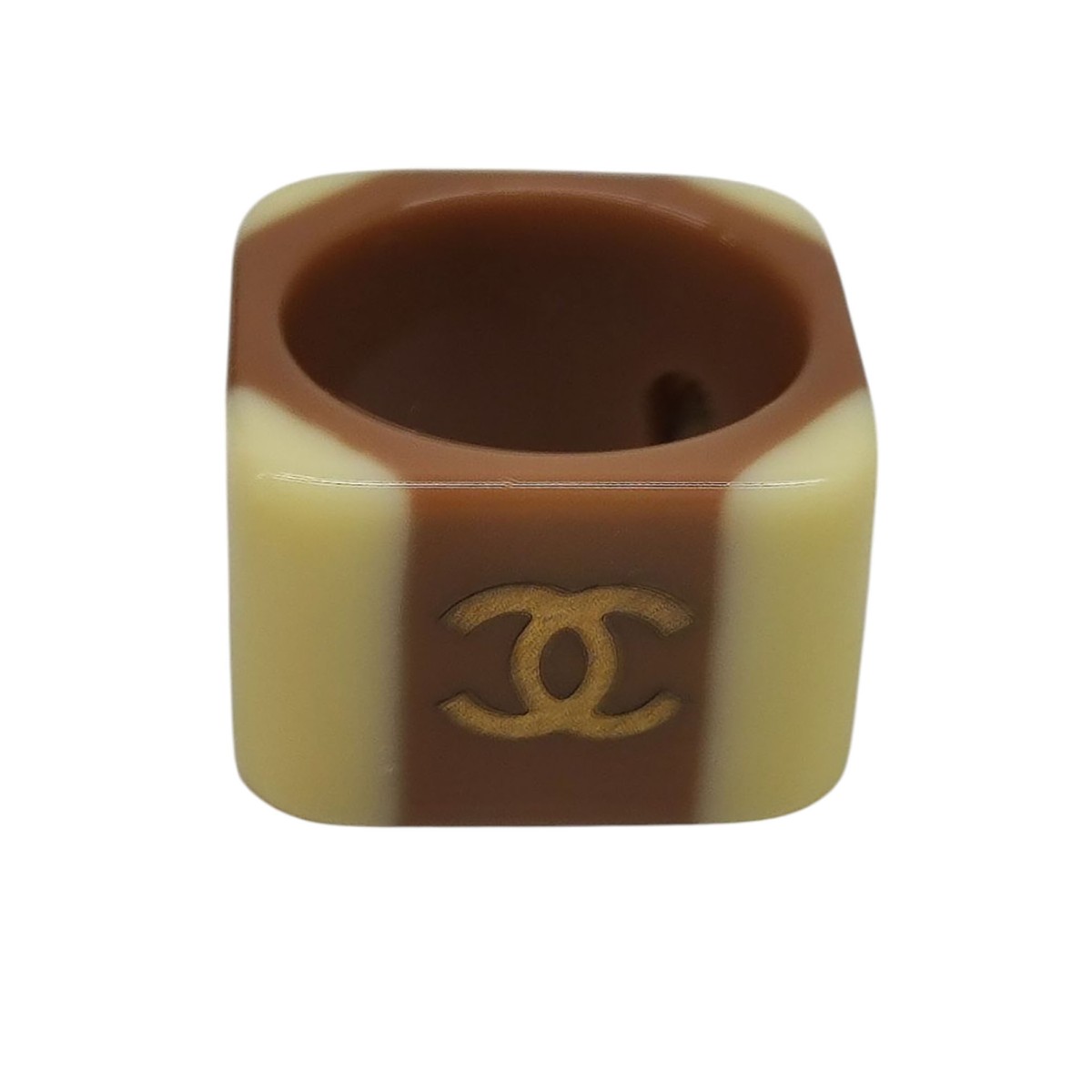【中古】CHANELココマーク スクエアリング キャラメル×アイボリー