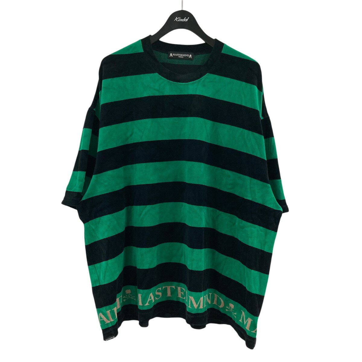 【中古】Mastermind JAPAN　ベロアボーダーTシャツ ブラック×グリーン サイズ：XL 