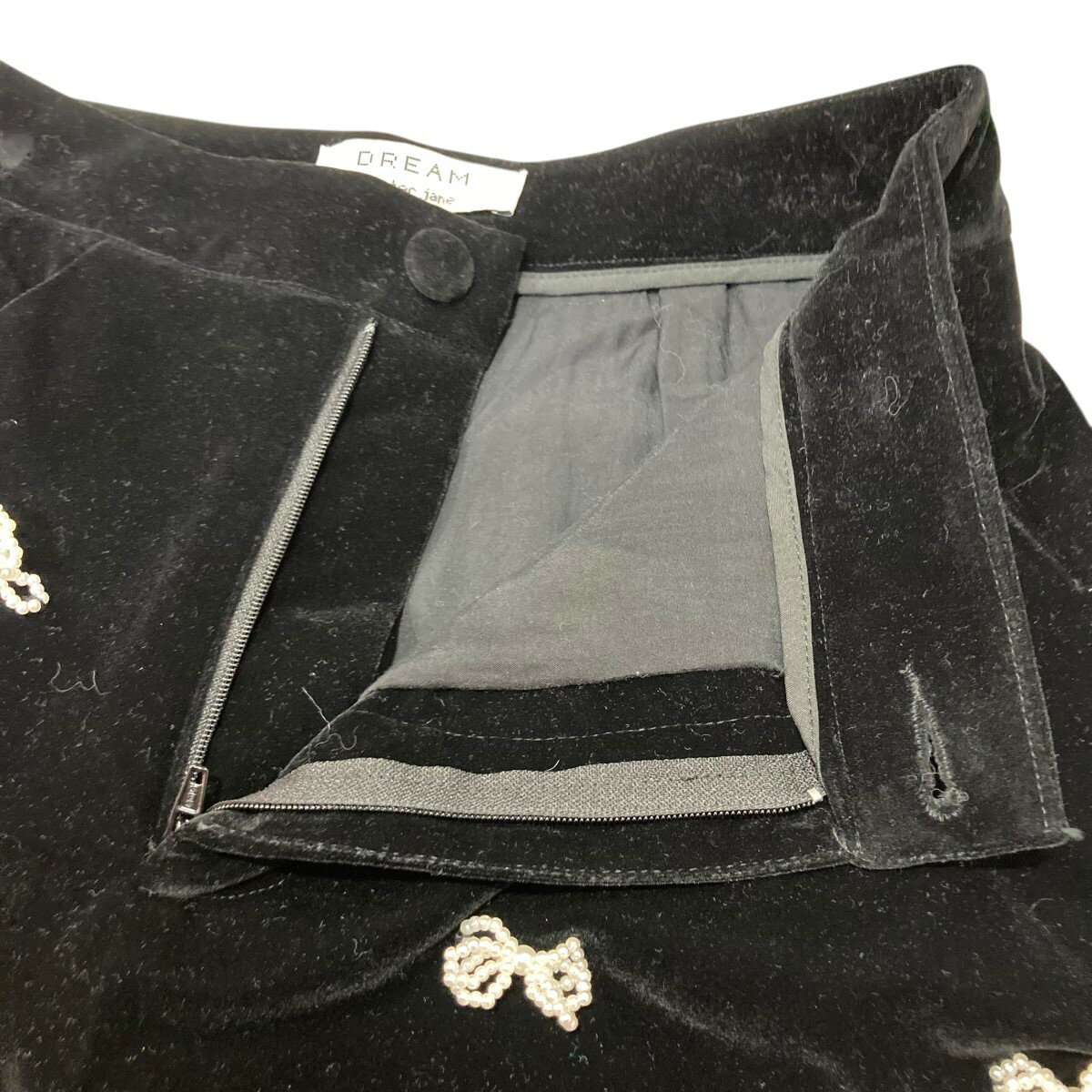 【中古】DREAM Sister Janeリボン付きハイウエストパンツ パールリボン装飾ベロアパンツ ブラック サイズ：S【価格見直し】