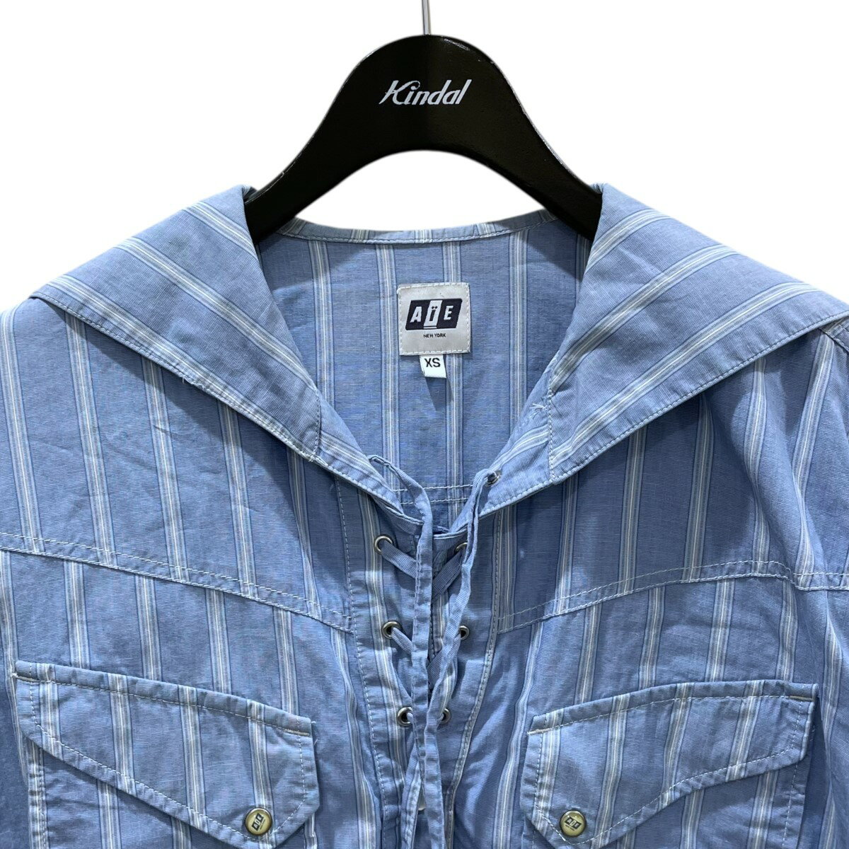 【中古】AiE　ストライプ柄セーラーシャツ WIDE STRIPE SW SHIRT スカイブルー・ホワイト サイズ：XS 【120725】（エーアイイー）