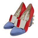 【中古】GUCCI スタッズ&パールサテンパンプス 465985 レッド×ネイビー×ホワイト サイズ:36 【240725】(グッチ)
