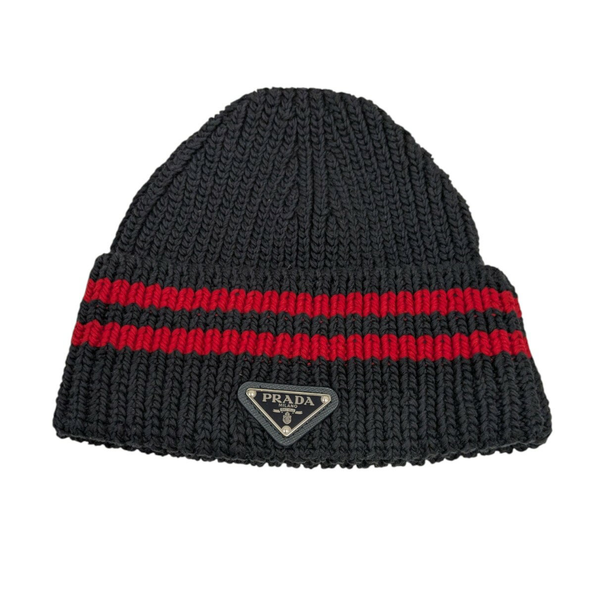 【中古】PRADA　ニットキャップ ダークネイビー×レッド サイズ：M 【100825】（プ...