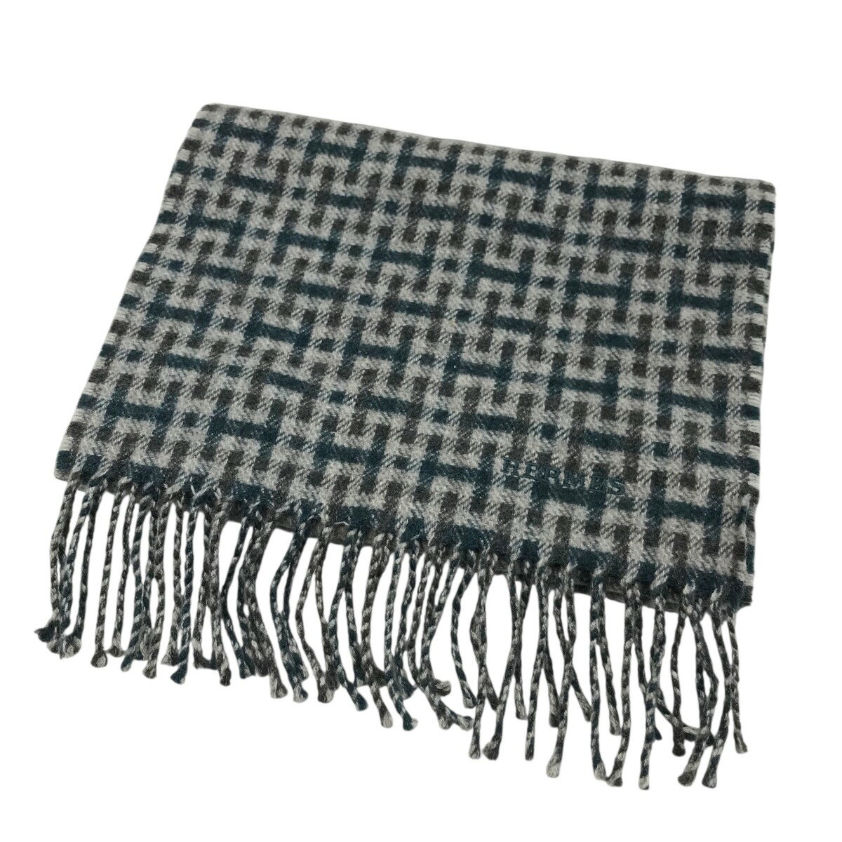 【中古】HERMES「Hエコセ」 カシミヤマフラー グレー×グリーン【価格見直し】