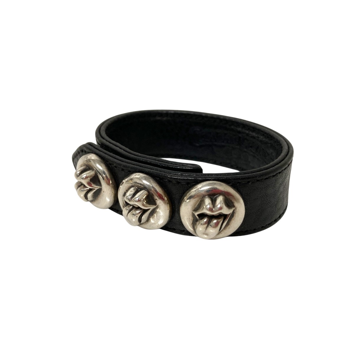 【中古】CHROME HEARTS×ROLLING STONES　3 Button 2 Snap Lip ＆ Tan Leather Bracelet レザーブレスレ..