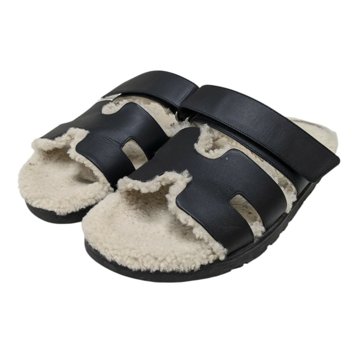 【中古】HERMESシブレ ムートンサンダル アイボリーブラック サイズ：26.0cm相当【価格見直し】