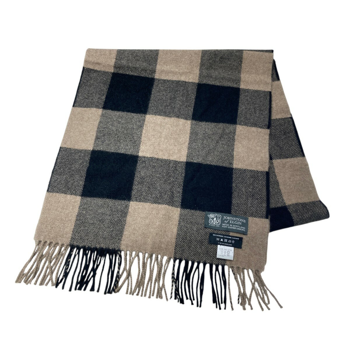 【中古】JOHNSTONS OF ELGIN　マフラー 1336-343-3720 ベージュ×ブラック 【191025】（ジョンストンズ..