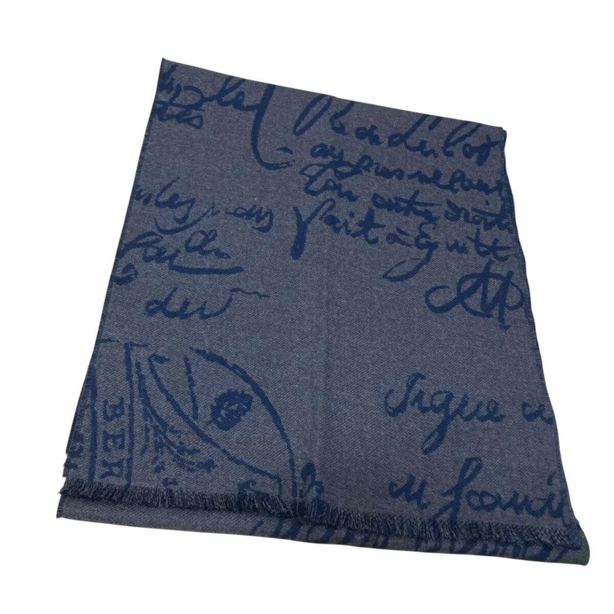 【中古】Berluti　カリグラフィ ウールマフラー ブラウン×ネイビー 【221025】（ベルルッティ）