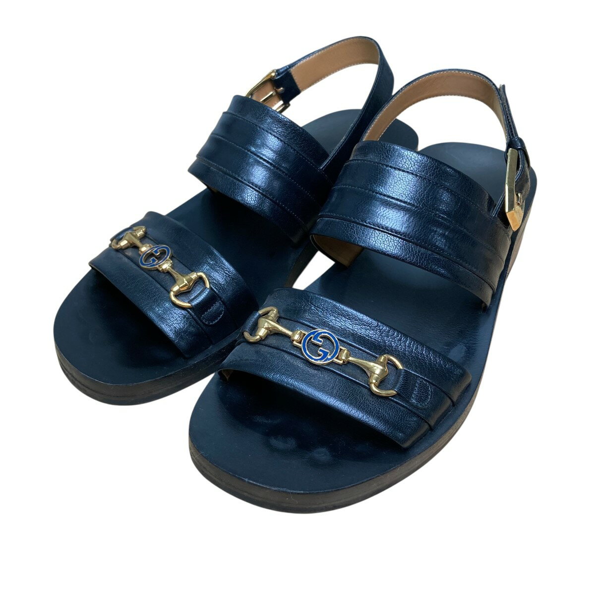 【中古】GUCCIホースビット インターロッキングG レザー サンダル ブラック サイズ：6【価格見直し】