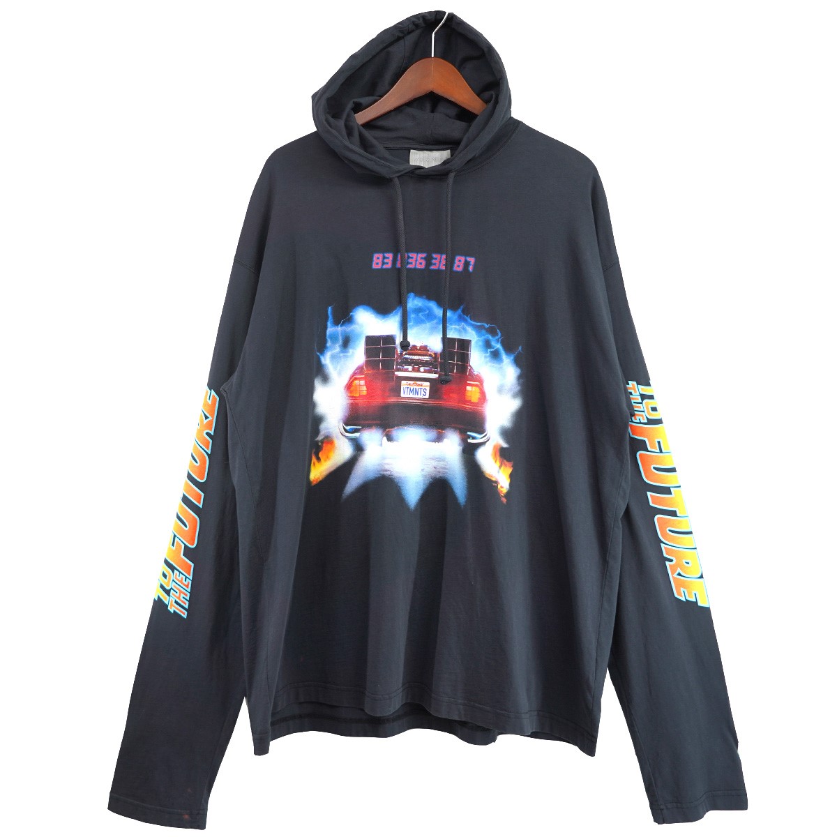 【中古】VTMNTS VETEMENTS22SS BACK TO THE FUTURE JERSEY HOODIE バック・トゥ・ザ・フューチャー ムービー パーカー 薄手 カットソー地 ジャージー フーディ ブラック調 サイズ：S (オーバーサイズ)【価格見直し】