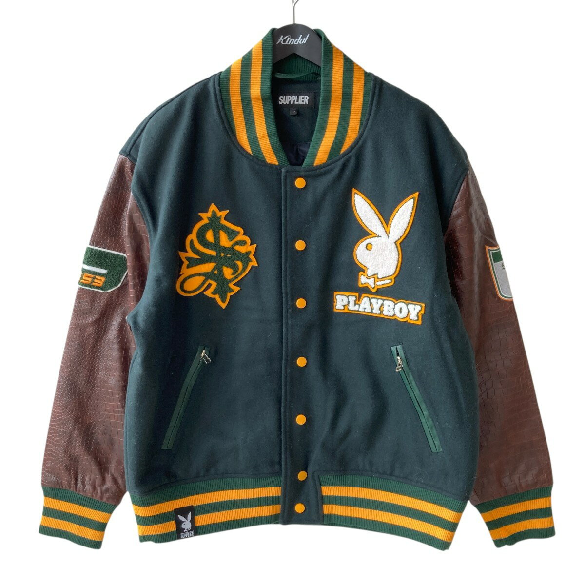 【中古】SUPPLIER×PLAYBOY　StudiumJacket スタジャン グリーン×ブラウン サイズ：L 【311025】（サプ..