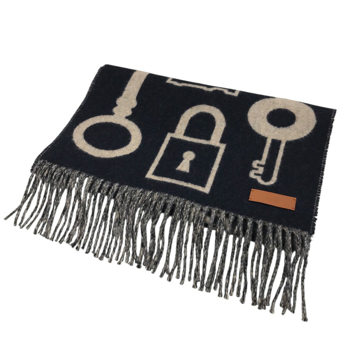 【中古】HERMES　24AW カザックキーコレクションマフラー ネイビー×グレー 【031125】（エルメス）