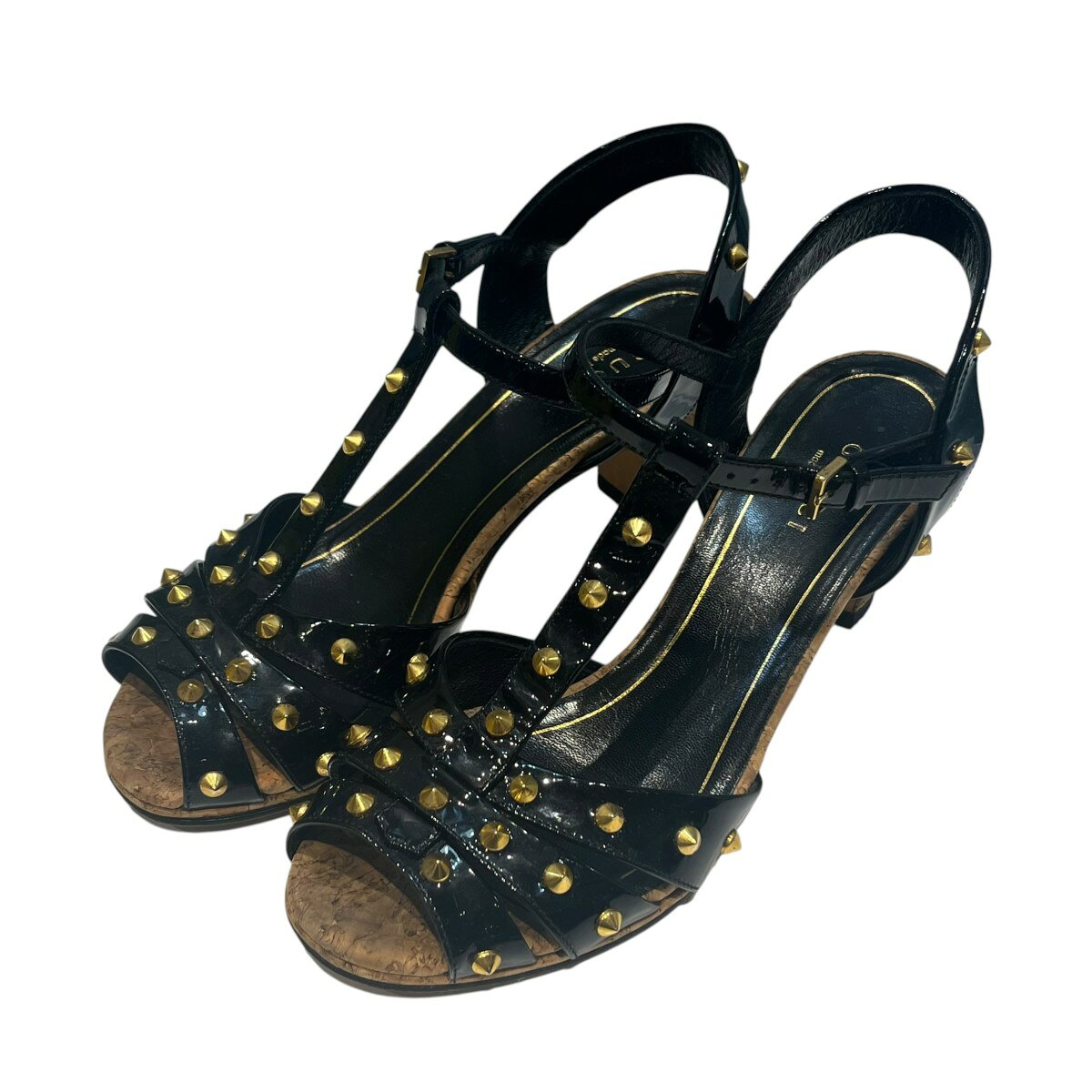 【中古】GUCCI　スタッズ スタッズ付きTストラップコルクサンダル ブラック サイズ：34 1/2 【090526】（グッチ）