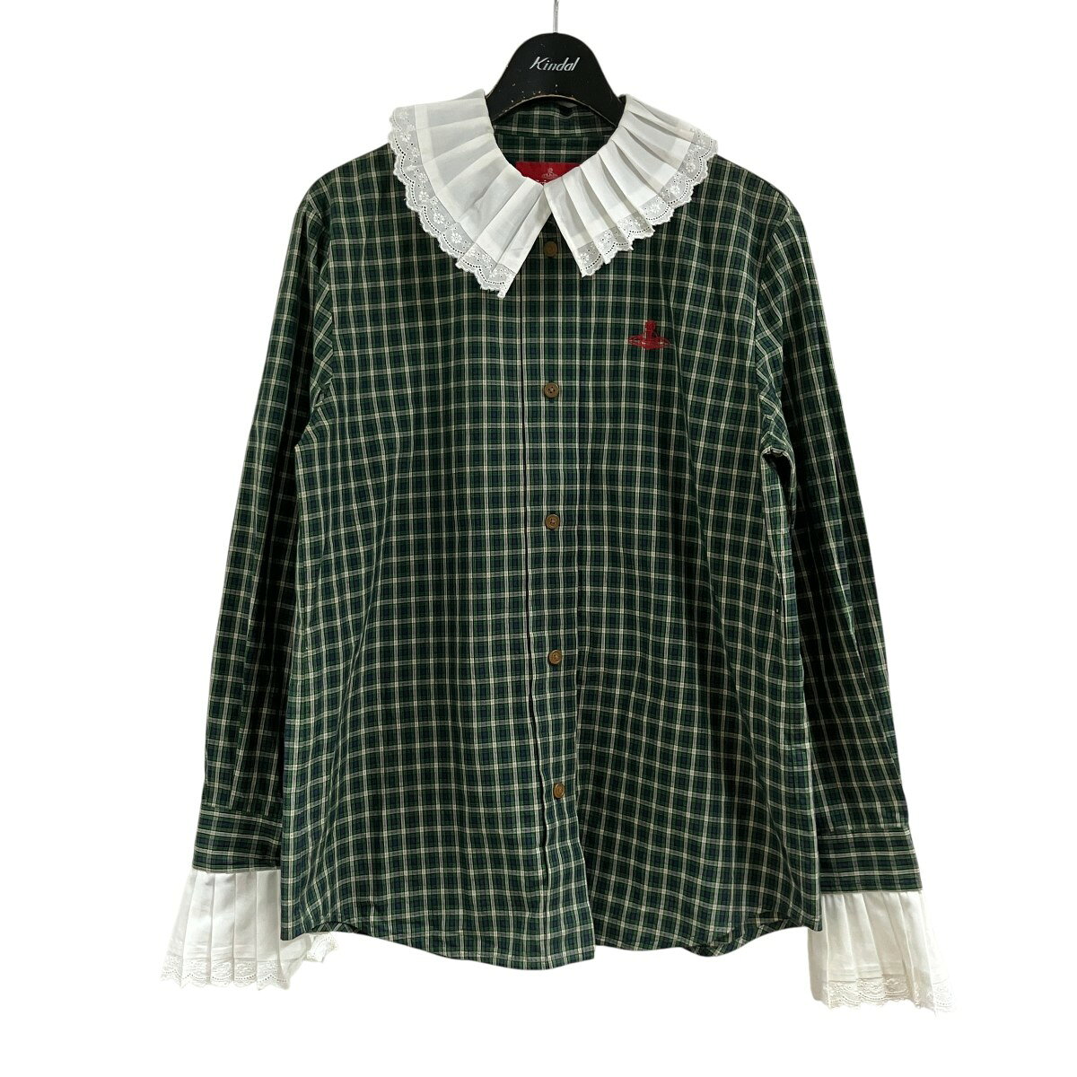 Vivienne Westwood RED LABEL　フリルネックチェックブラウス グリーン×ブルー サイズ：00 （ヴィヴィアンウエストウッドレッドレーベル）