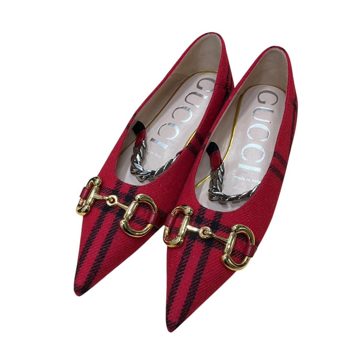 GUCCIチェック ホースビットパンプス レッド×ブラック サイズ：35 1/2